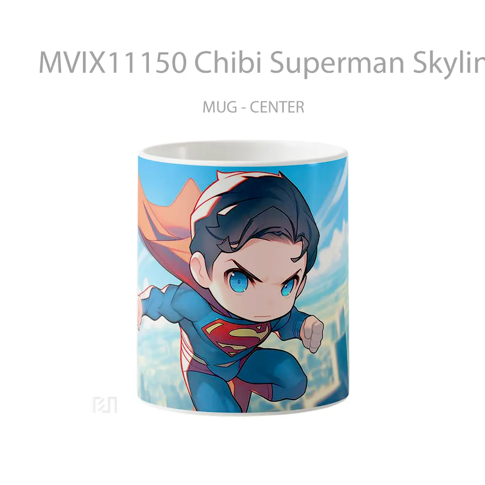 Mug Chibi Superman Skyline Background Merchandise Karakter Ikonik