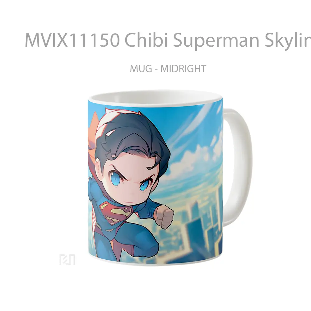 Mug Chibi Superman Skyline Background Merchandise Karakter Ikonik - All-side / Desain
