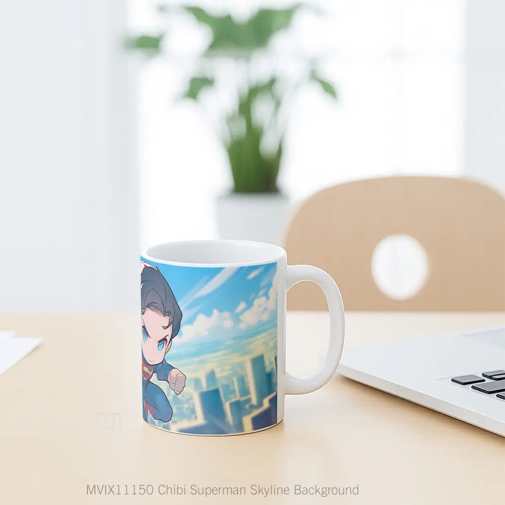 Mug Chibi Superman Skyline Background Merchandise Karakter Ikonik - All-side / Desain