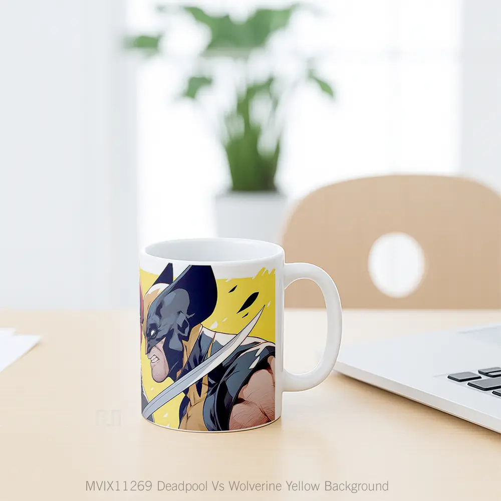 Mug Deadpool Vs Wolverine Yellow Background Koleksi Mug Limited Edition - All-side / Desain