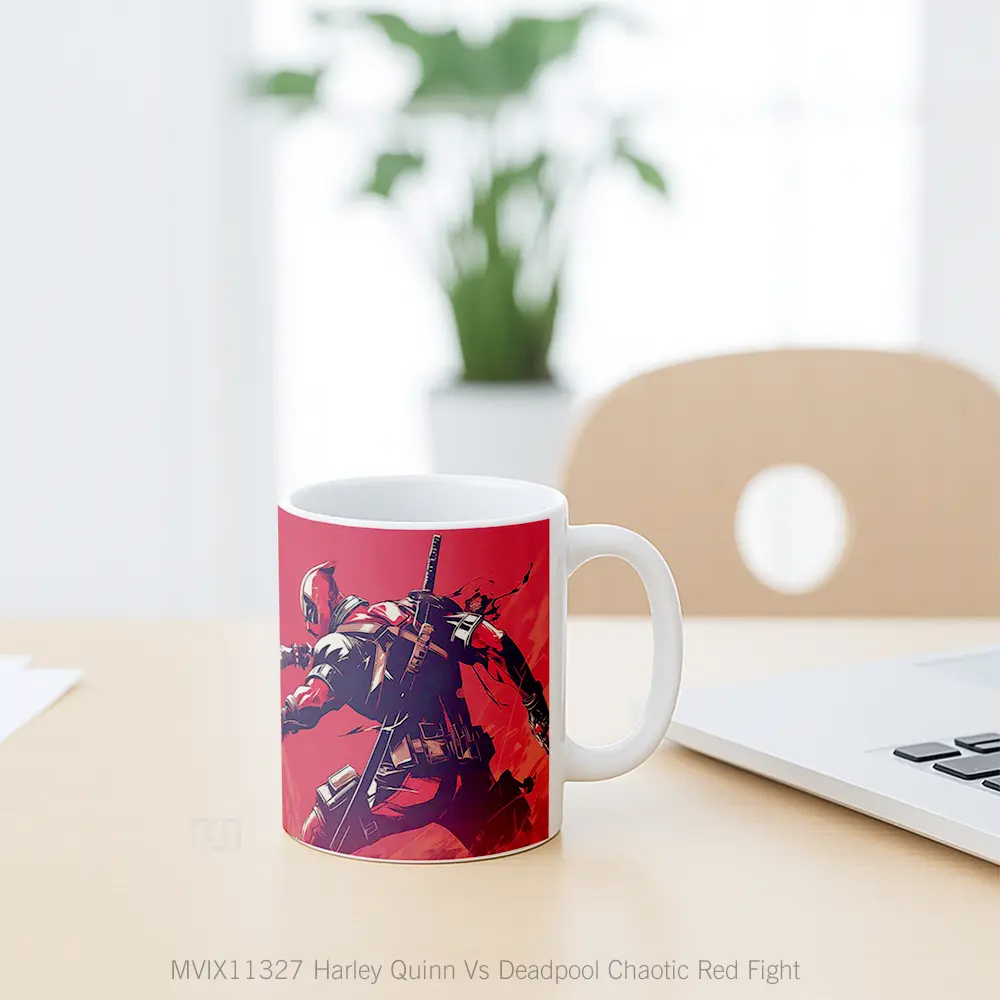 Mug Harley Quinn Vs Deadpool Chaotic Red Fight Hadiah Lucu dan Menarik - All-side / Desain