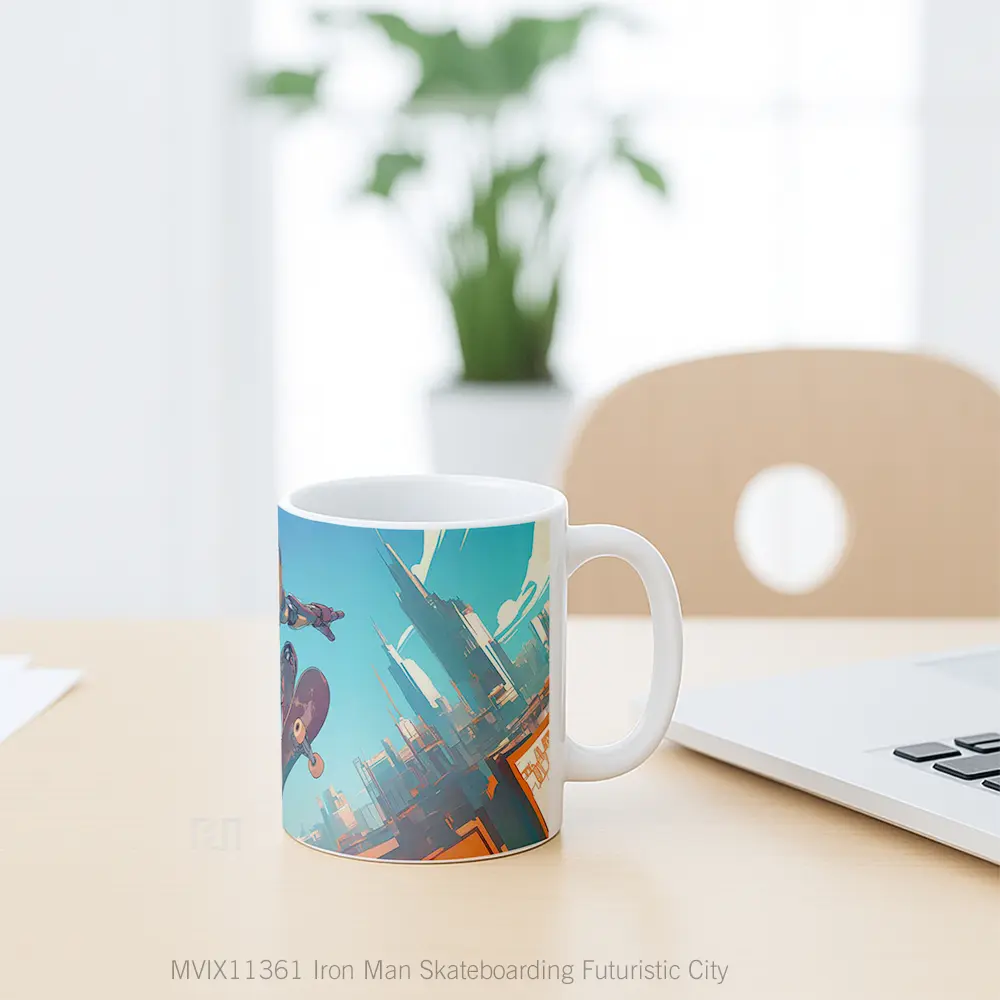 Mug Iron Man Skateboarding Futuristic City Hadiah Spesial Fans Superhero - All-side / Desain
