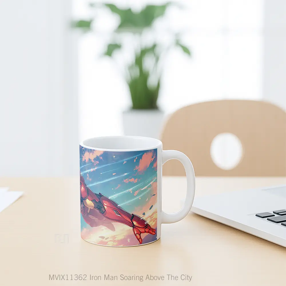 Mug Iron Man Soaring Above The City Hadiah Spesial Fans Superhero - All-side / Desain