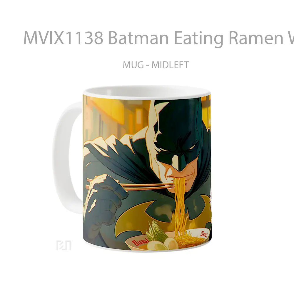 Mug Batman Eating Ramen With Hello Kitty Gelas Keramik Koleksi Superhero - All-side / Desain