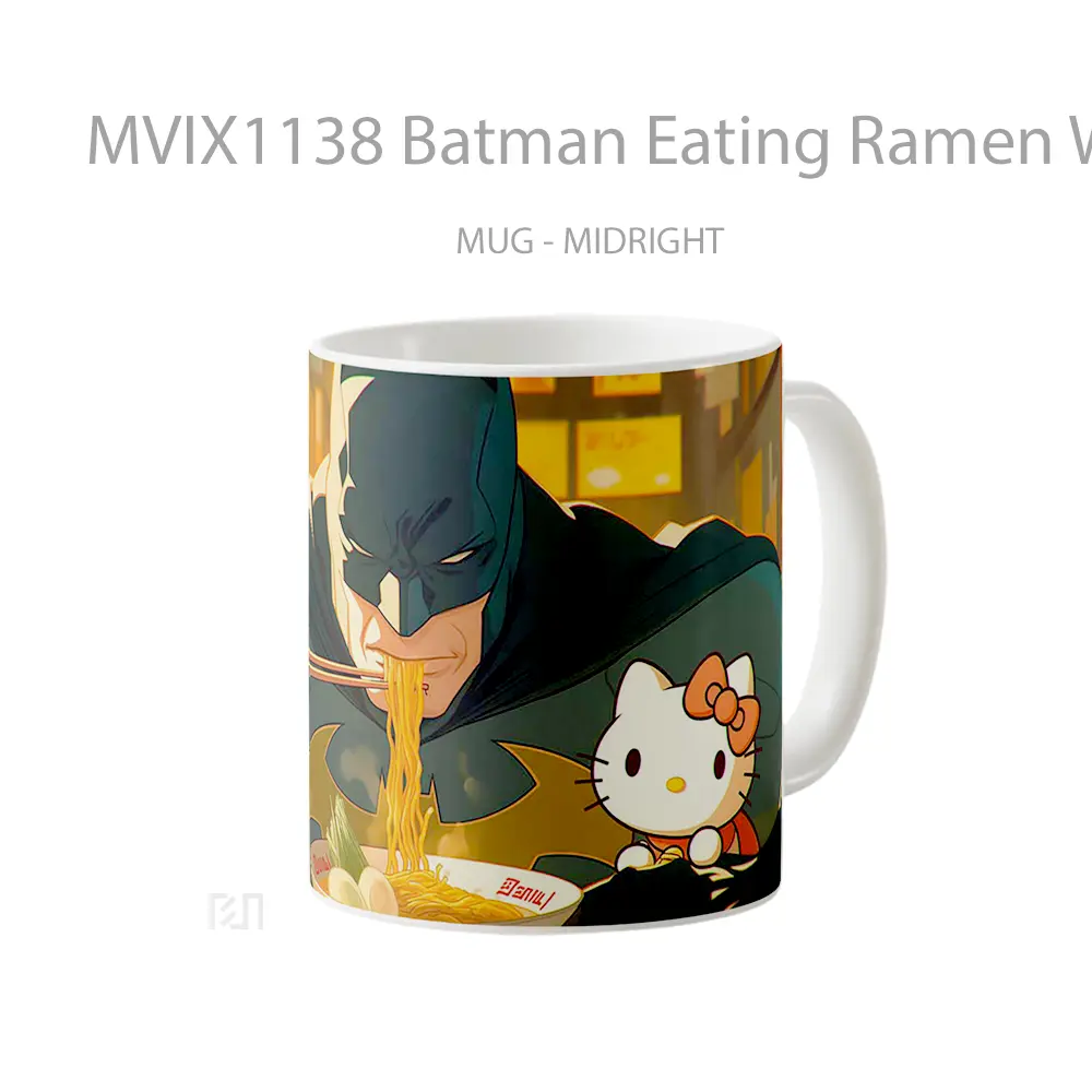 Mug Batman Eating Ramen With Hello Kitty Gelas Keramik Koleksi Superhero - All-side / Desain