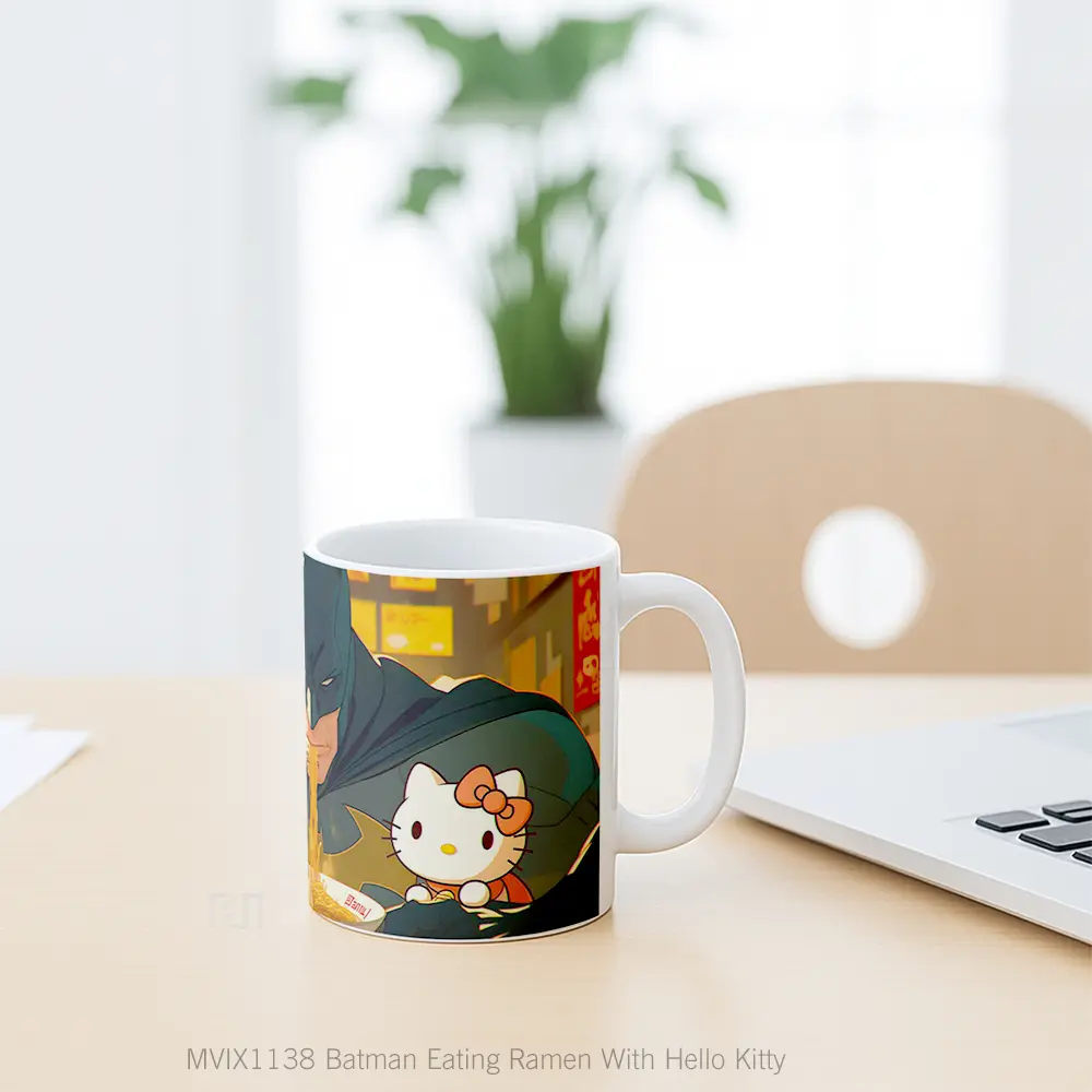 Mug Batman Eating Ramen With Hello Kitty Gelas Keramik Koleksi Superhero - All-side / Desain