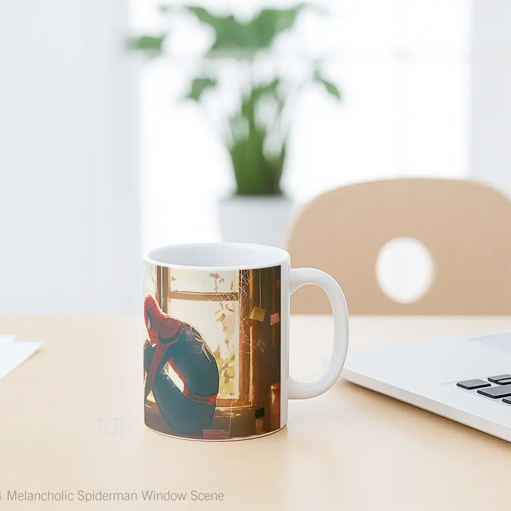 Mug Melancholic Spiderman Window Scene Merchandise Karakter Ikonik - All-side / Desain