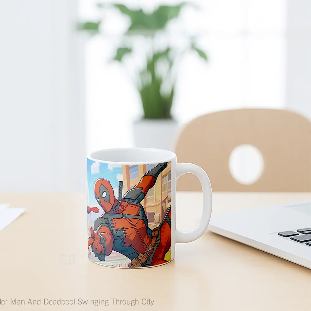 Mug Spider Man And Deadpool Swinging Through City Mug Aesthetic Koleksi Spesial - All-side / Desain