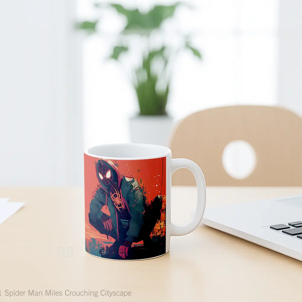 Mug Spider Man Miles Crouching Cityscape Mug Aesthetic Koleksi Spesial - All-side / Desain