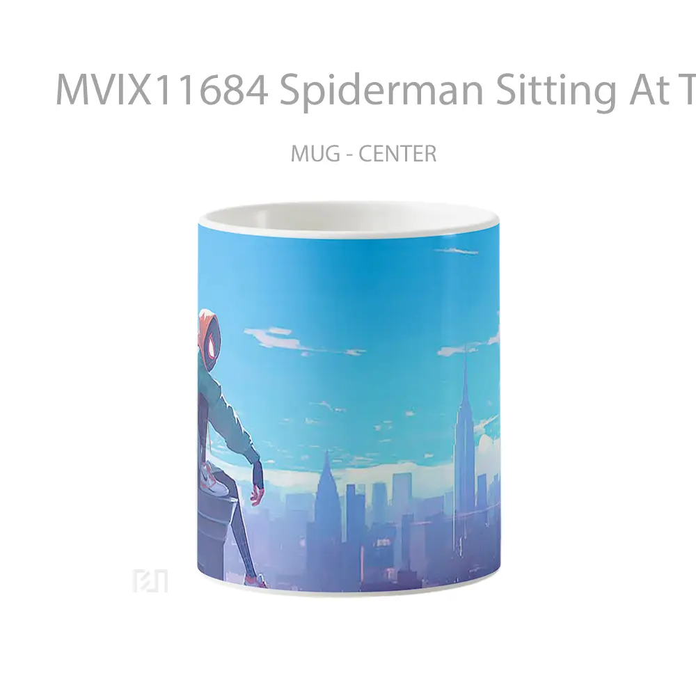 Mug Spiderman Sitting At Top Of The Roof Merchandise Karakter Ikonik