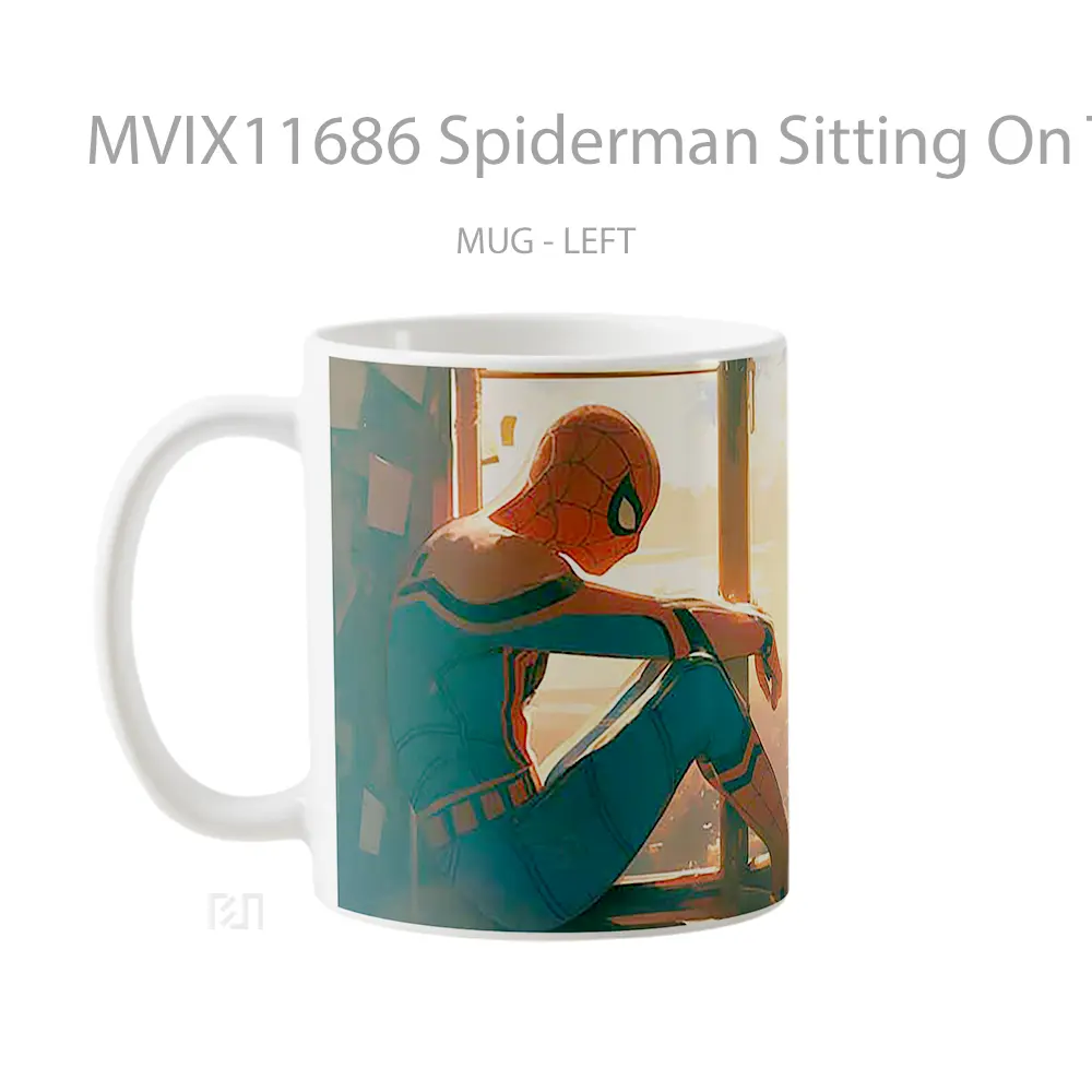 Mug Spiderman Sitting On The Window Sunset Merchandise Karakter Ikonik - All-side / Desain