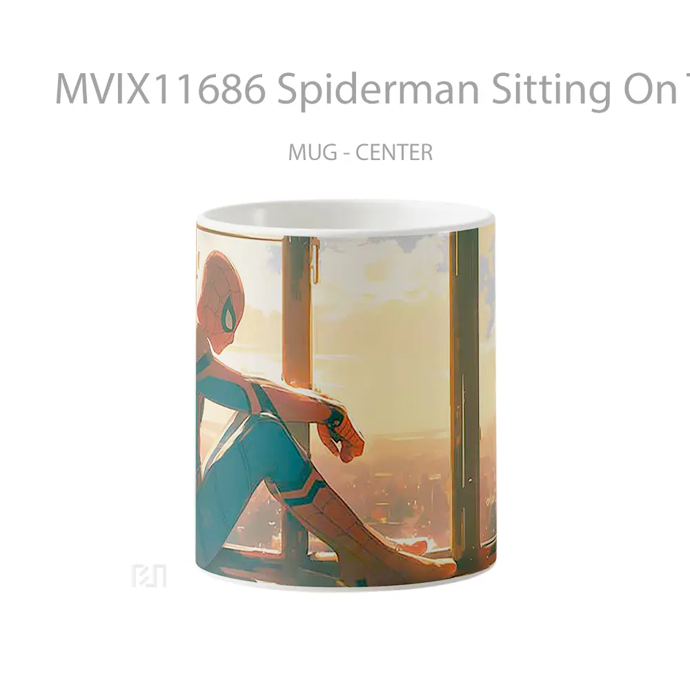 Mug Spiderman Sitting On The Window Sunset Merchandise Karakter Ikonik