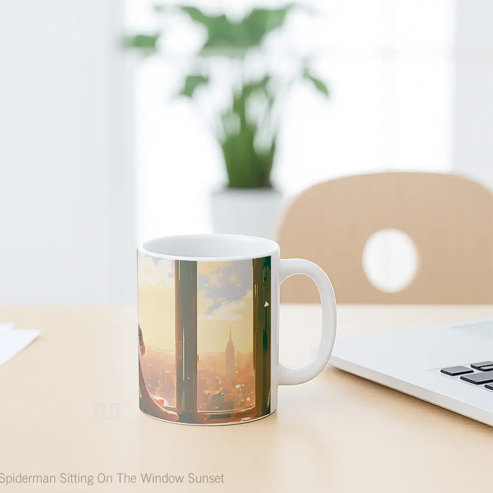 Mug Spiderman Sitting On The Window Sunset Merchandise Karakter Ikonik - All-side / Desain