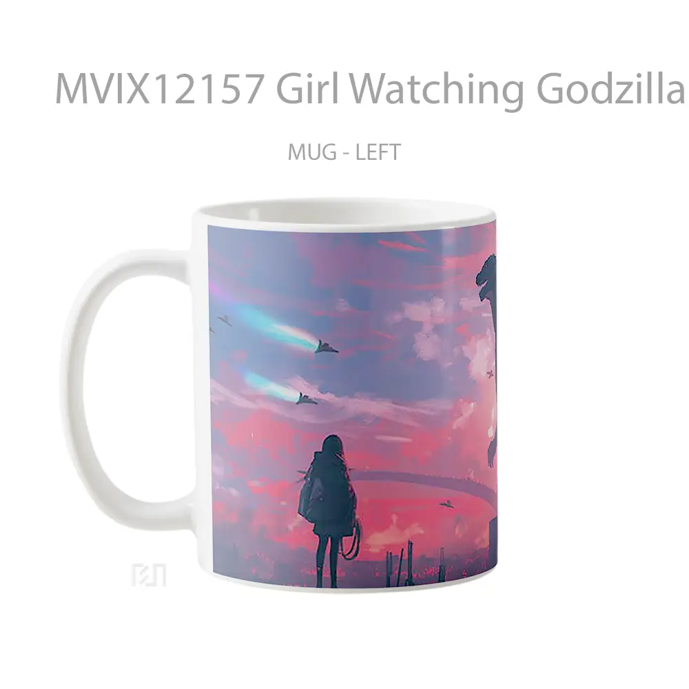Mug Girl Watching Godzilla Fight Koleksi Mug Limited Edition - All-side / Desain