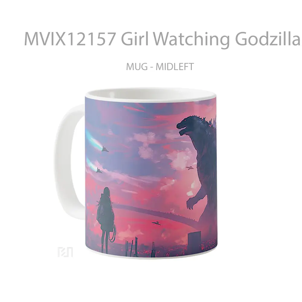 Mug Girl Watching Godzilla Fight Koleksi Mug Limited Edition - All-side / Desain
