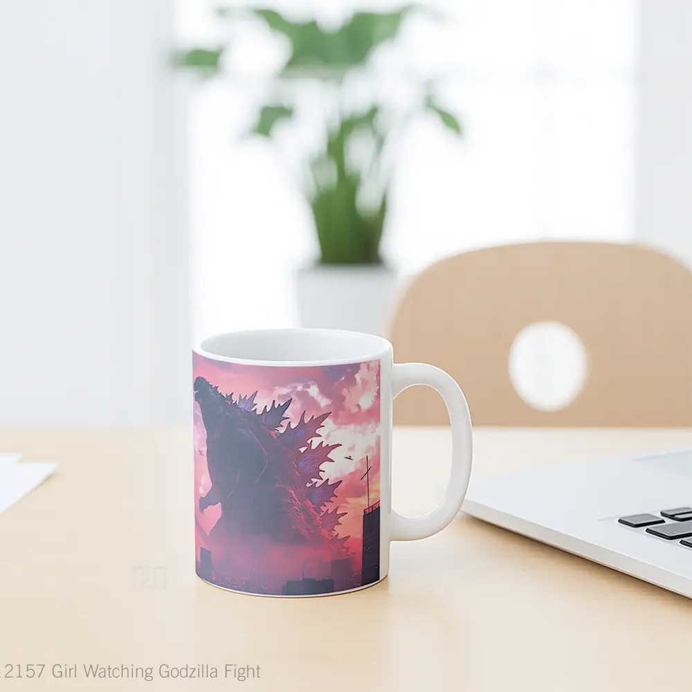 Mug Girl Watching Godzilla Fight Koleksi Mug Limited Edition - All-side / Desain