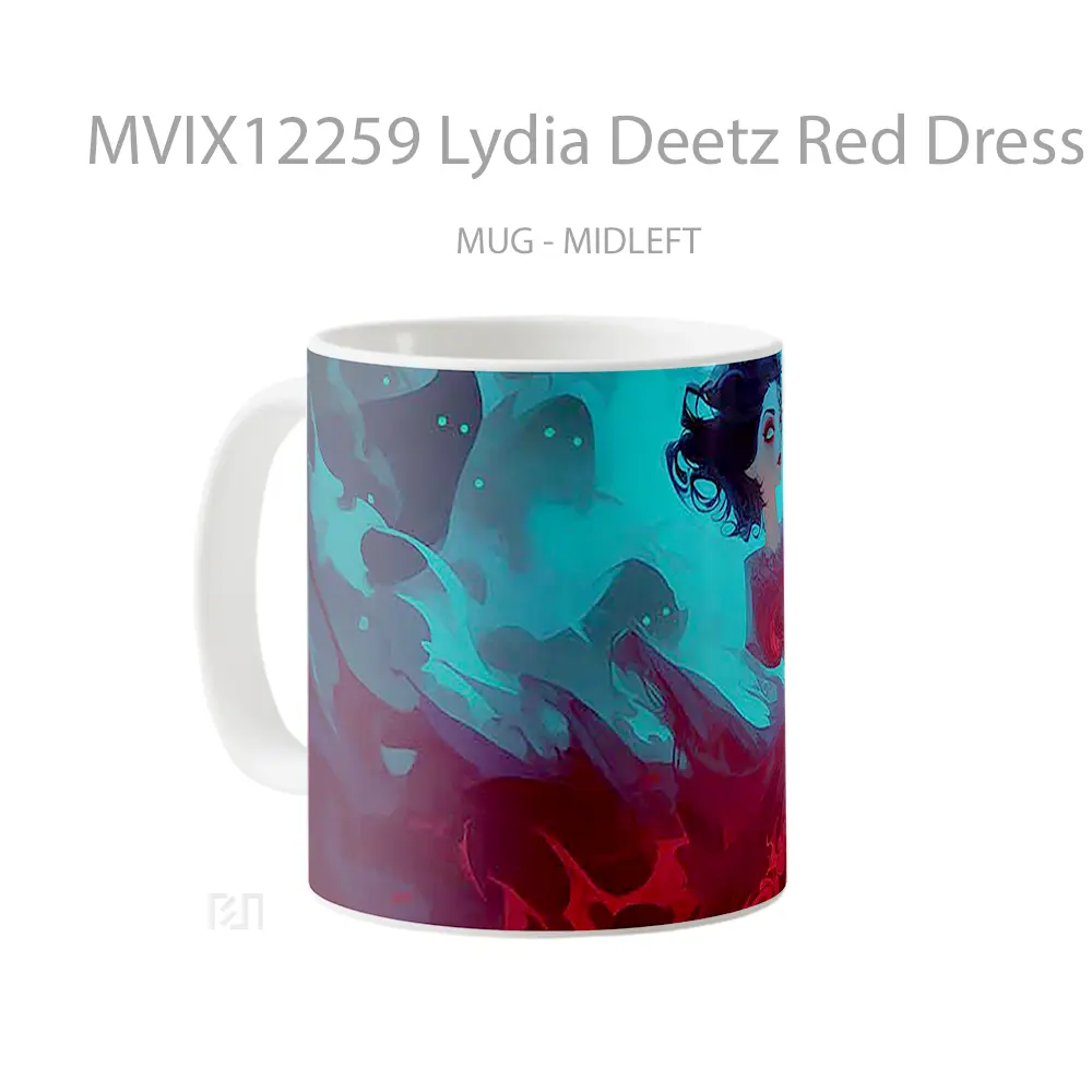 Mug Lydia Deetz Red Dress Beetlejuice Hadiah Lucu dan Menarik - All-side / Desain