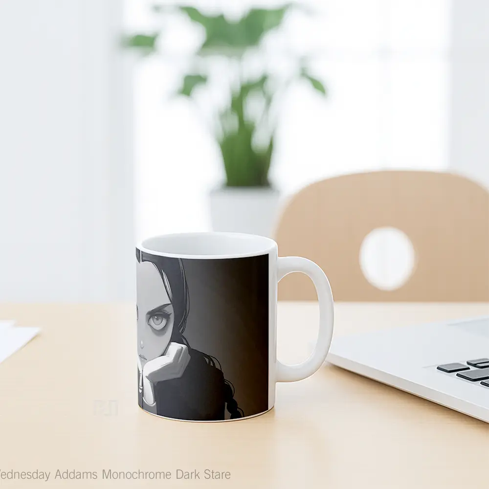 Mug Wednesday Addams Monochrome Dark Stare Gelas Keramik Desain Unik - All-side / Desain