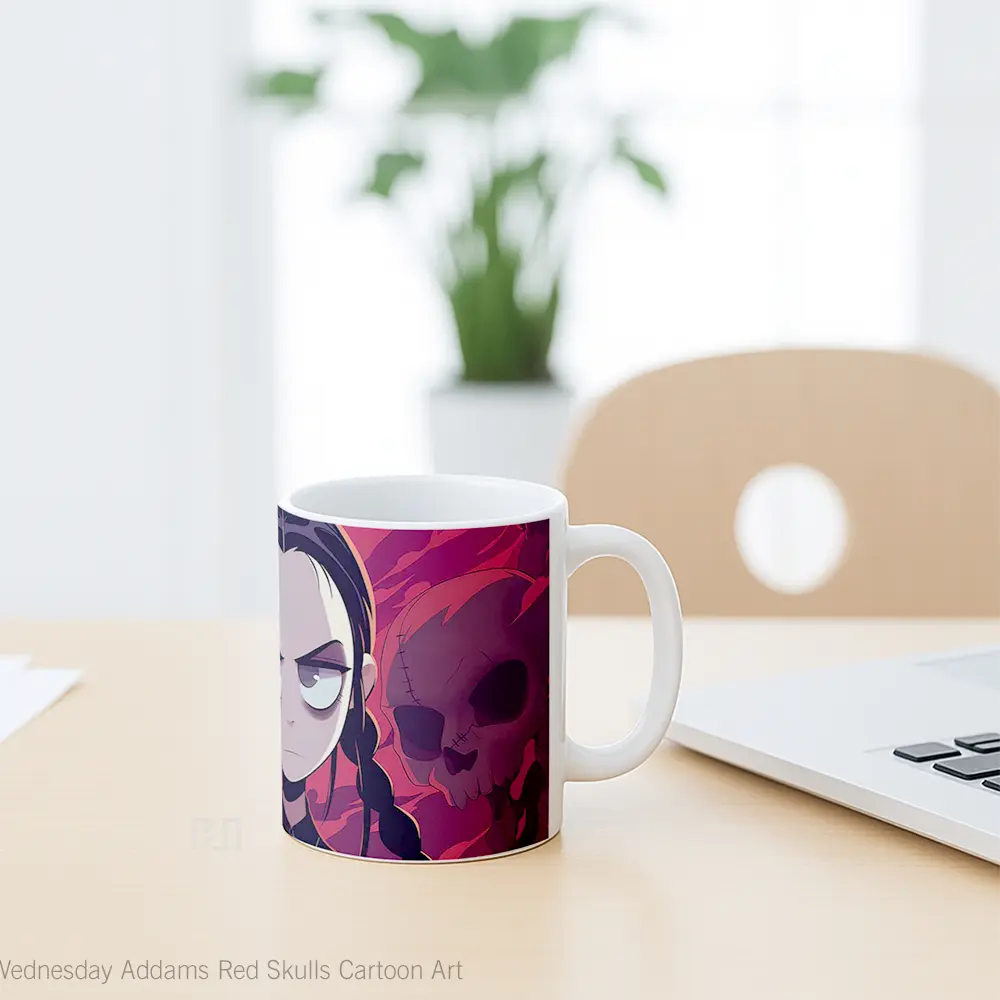 Mug Wednesday Addams Red Skulls Cartoon Art Gelas Keramik Desain Unik - All-side / Desain