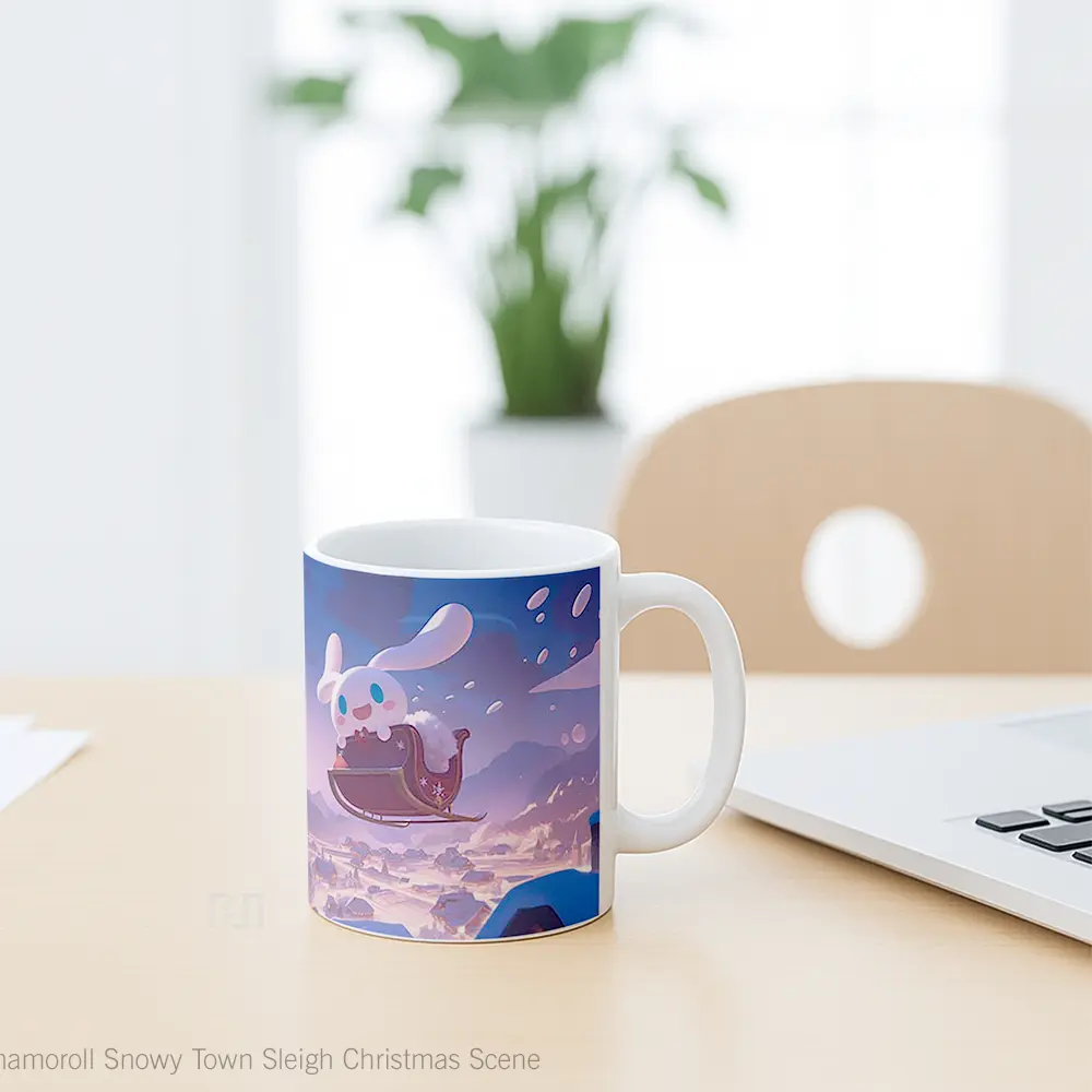 Mug Cinnamoroll Snowy Town Sleigh Christmas Scene Hadiah Lucu dan Menarik - All-side / Desain