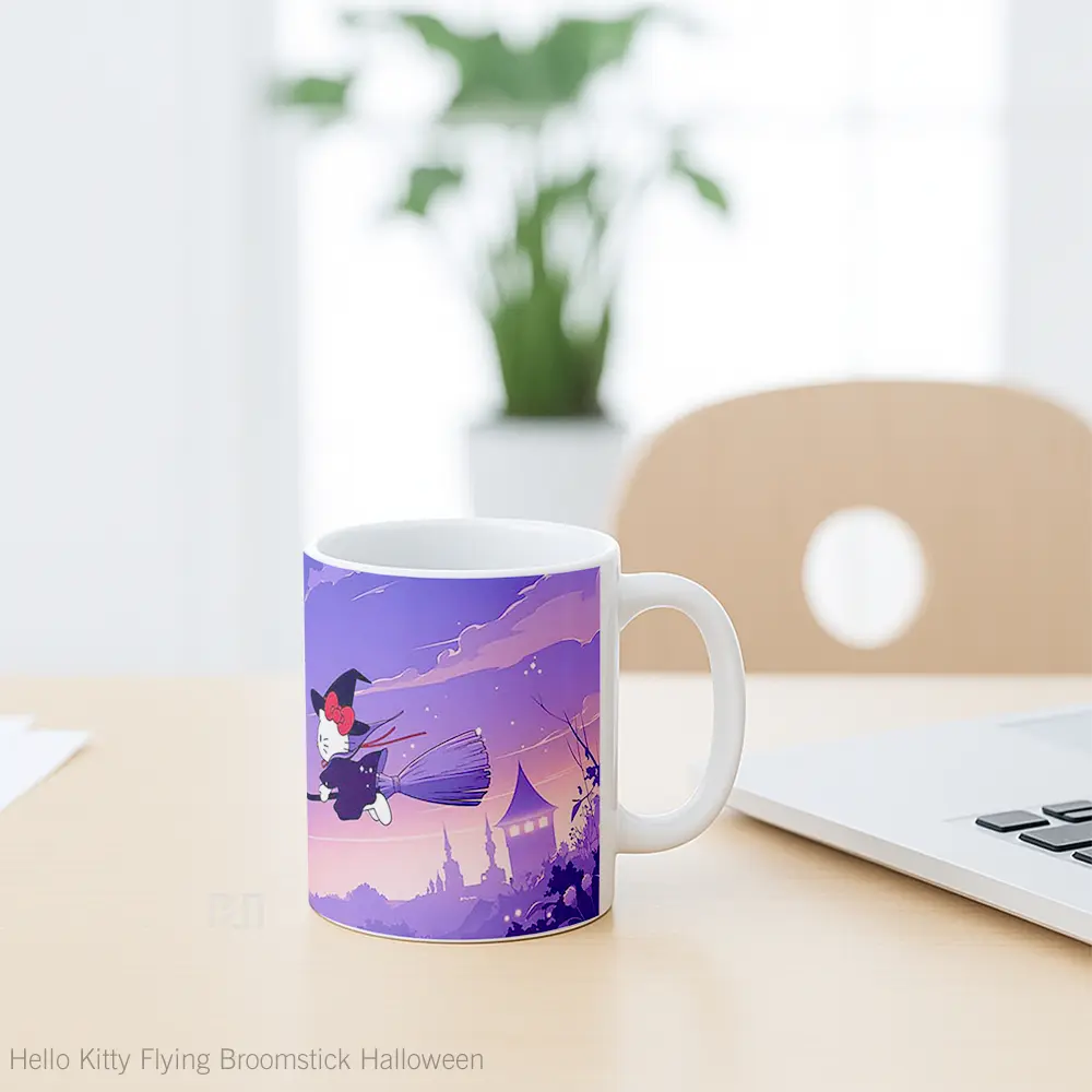 Mug Hello Kitty Flying Broomstick Halloween Gelas Keramik Desain Unik - All-side / Desain
