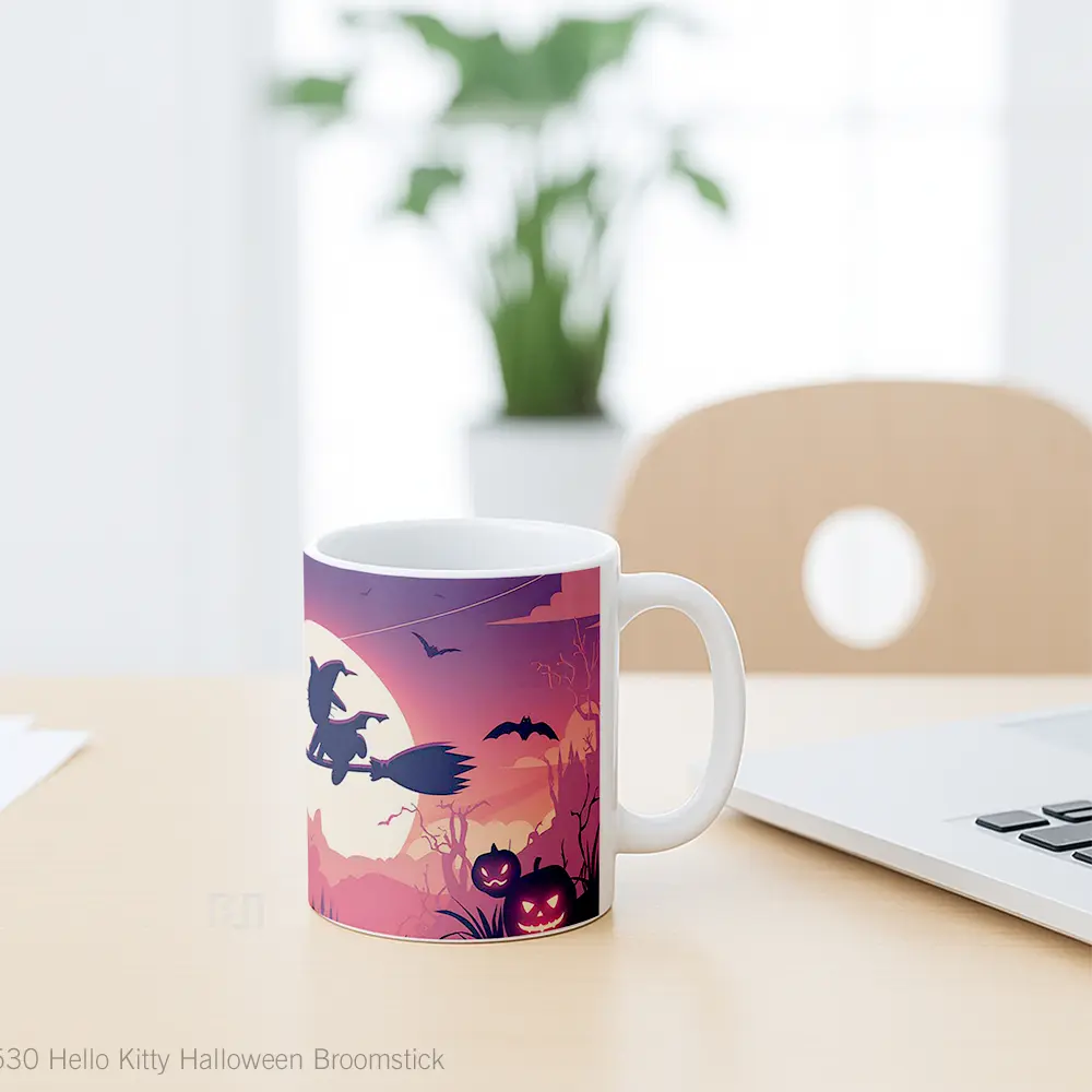 Mug Hello Kitty Halloween Broomstick Gelas Keramik Desain Unik - All-side / Desain