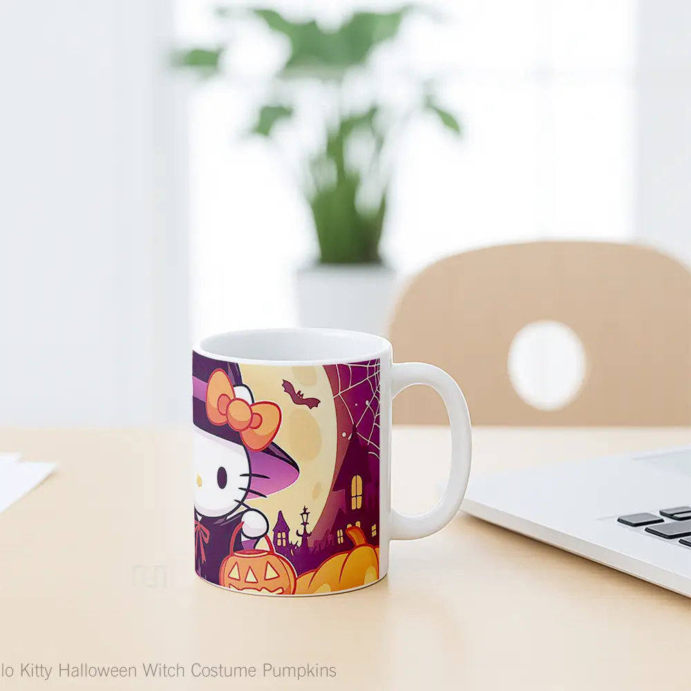 Mug Hello Kitty Halloween Witch Costume Pumpkins Hadiah Lucu dan Menarik - All-side / Desain