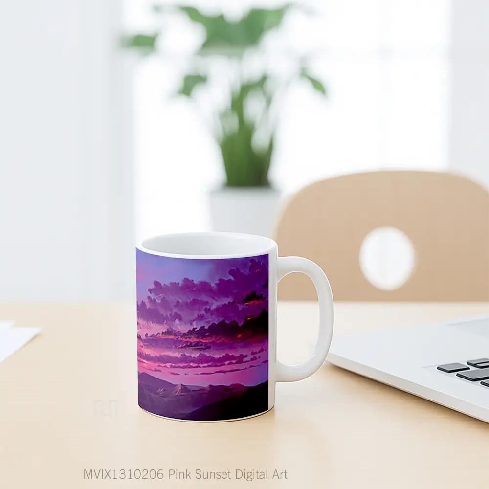 Mug Pink Sunset Digital Art Gelas Pemandangan Alam - All-side / Desain