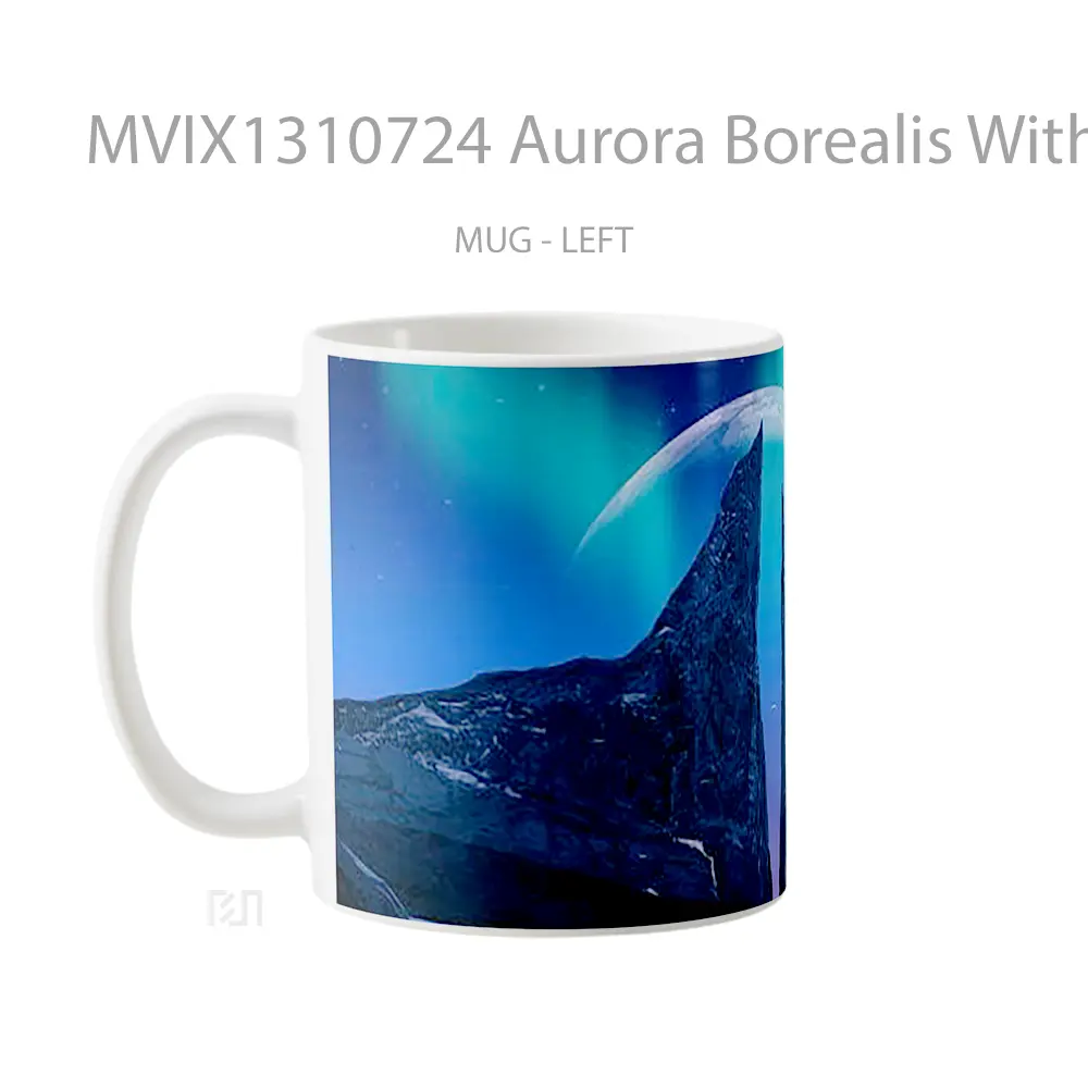 Mug Aurora Borealis With Mountains And Moon In The Background Gelas Pemandangan Alam - All-side / Desain