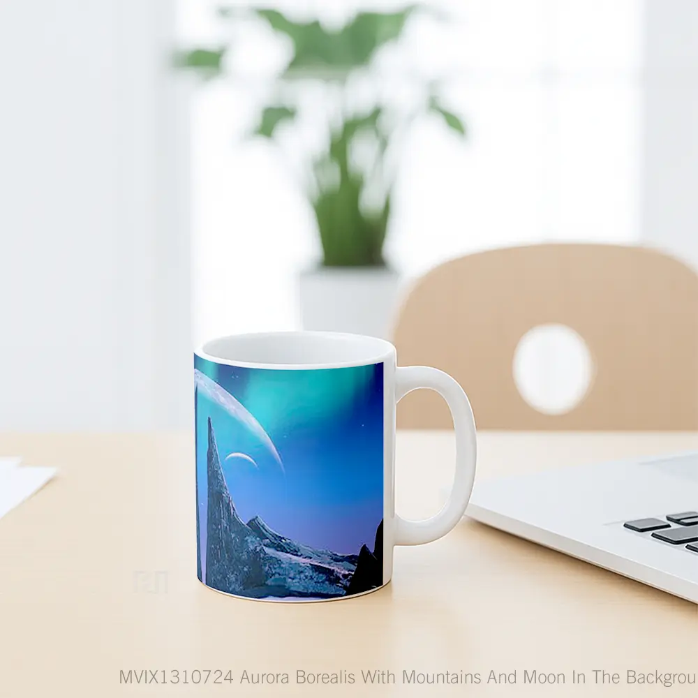 Mug Aurora Borealis With Mountains And Moon In The Background Gelas Pemandangan Alam - All-side / Desain