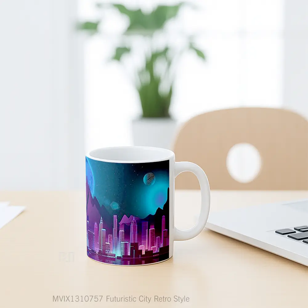 Mug Futuristic City Retro Style Gelas Keramik Unik - All-side / Desain