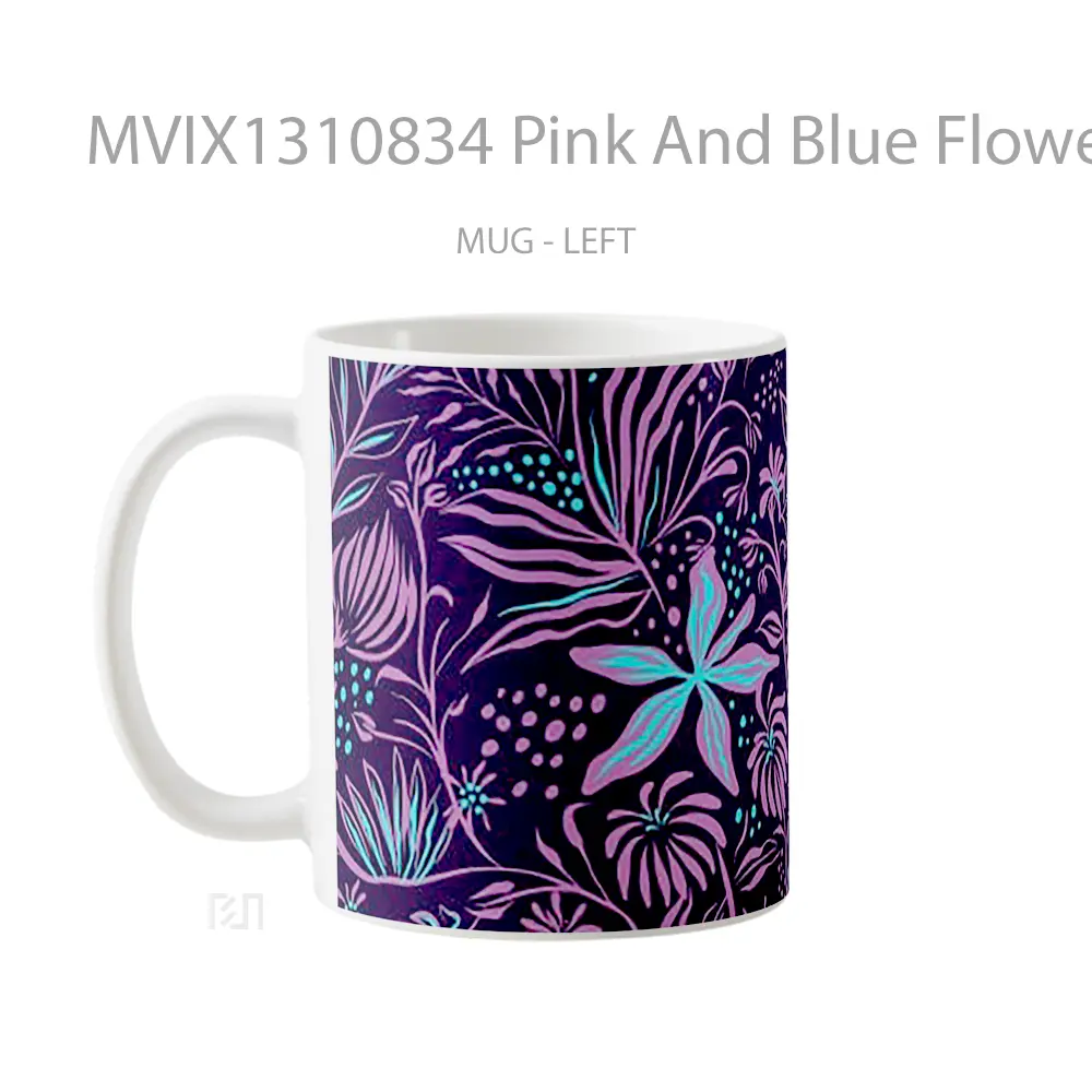 Mug Pink And Blue Flowers Art Gelas Pemandangan Alam - All-side / Desain