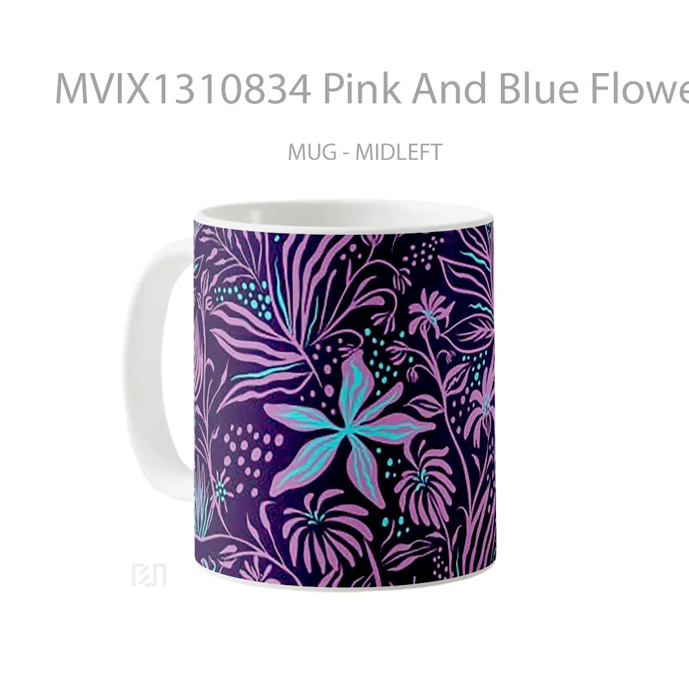Mug Pink And Blue Flowers Art Gelas Pemandangan Alam - All-side / Desain