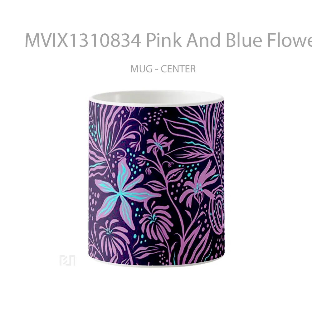 Mug Pink And Blue Flowers Art Gelas Pemandangan Alam