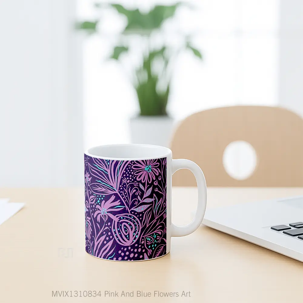 Mug Pink And Blue Flowers Art Gelas Pemandangan Alam - All-side / Desain