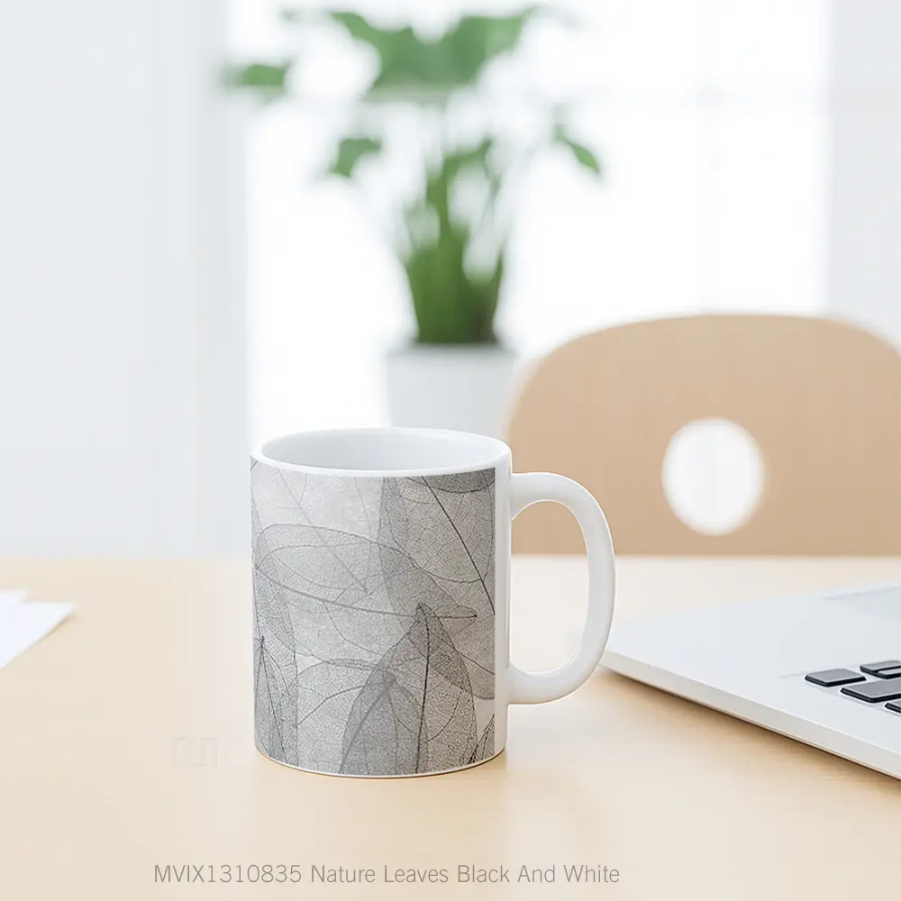 Mug Nature Leaves Black And White Gelas Pemandangan Alam - All-side / Desain