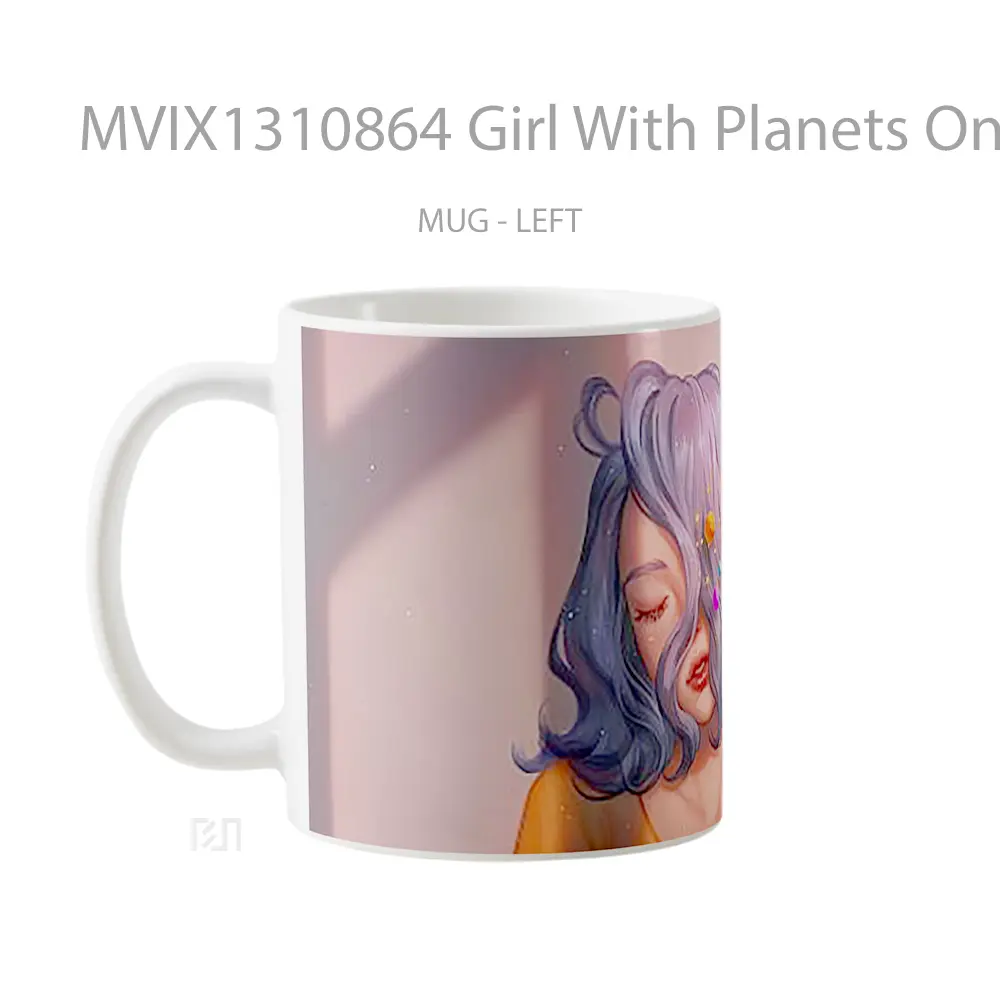 Mug Girl With Planets On Blue Hair Digital Art Gelas Seni Modern - All-side / Desain