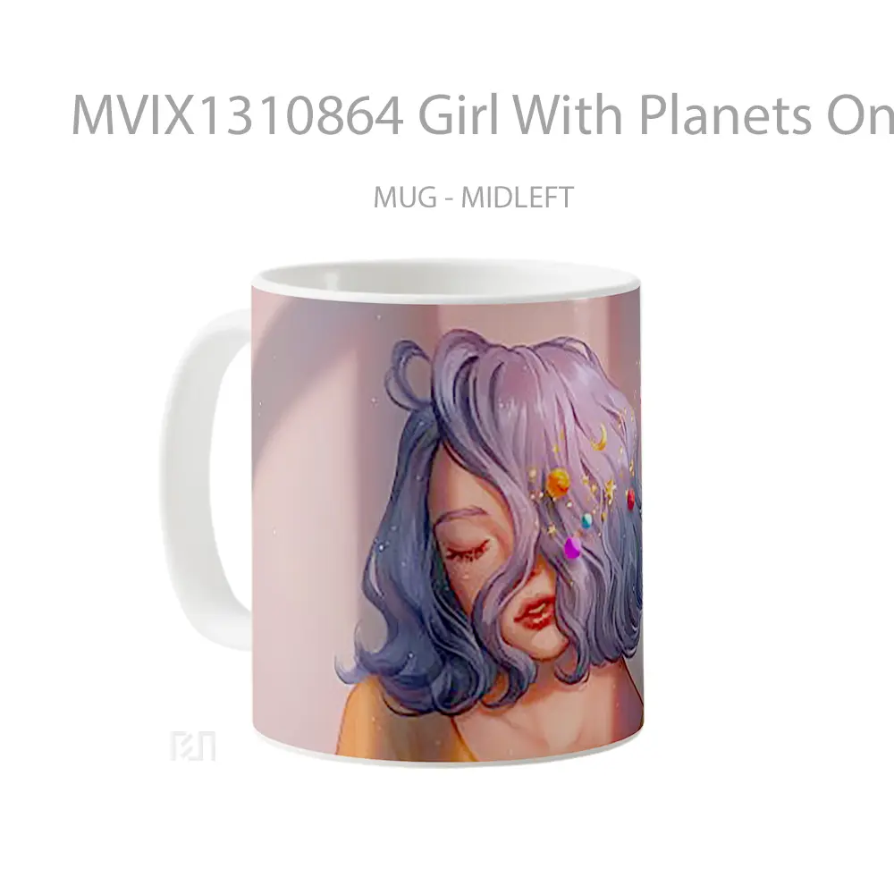 Mug Girl With Planets On Blue Hair Digital Art Gelas Seni Modern - All-side / Desain