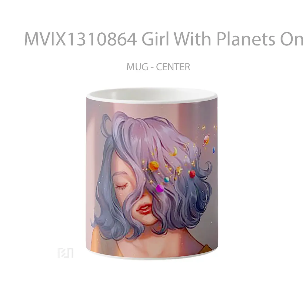 Mug Girl With Planets On Blue Hair Digital Art Gelas Seni Modern