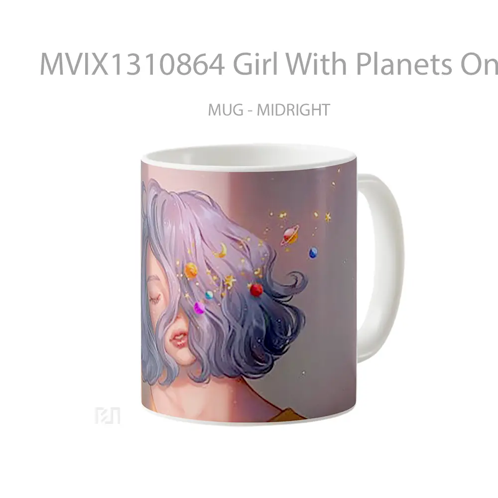 Mug Girl With Planets On Blue Hair Digital Art Gelas Seni Modern - All-side / Desain