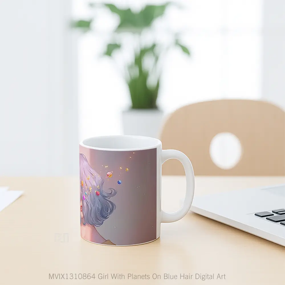 Mug Girl With Planets On Blue Hair Digital Art Gelas Seni Modern - All-side / Desain