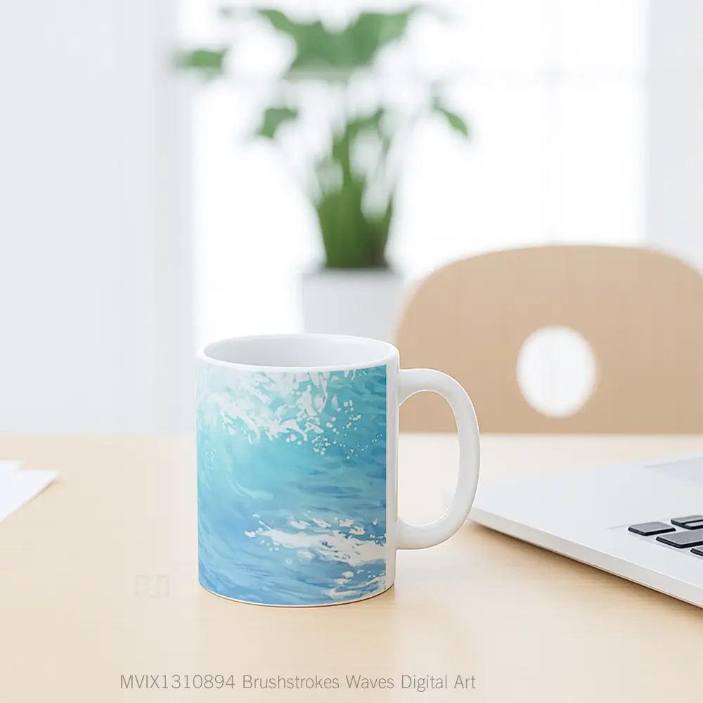 Mug Brushstrokes Waves Digital Art Gelas Seni Modern - All-side / Desain