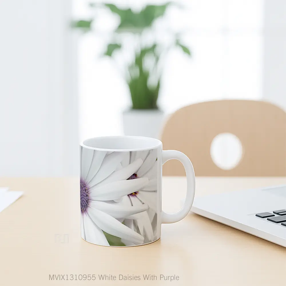 Mug White Daisies With Purple Gelas Keramik Unik - All-side / Desain