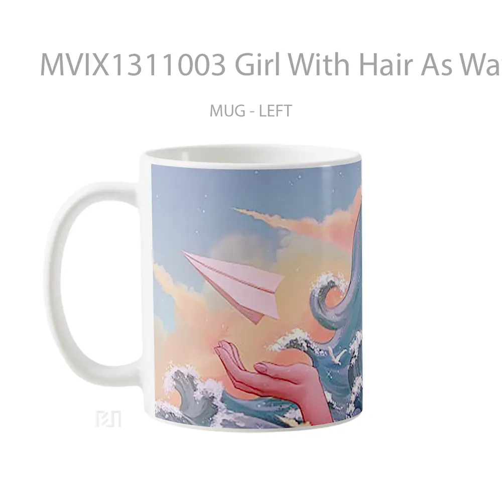 Mug Girl With Hair As Waves And Paper Plane Gelas Keramik Unik - All-side / Desain