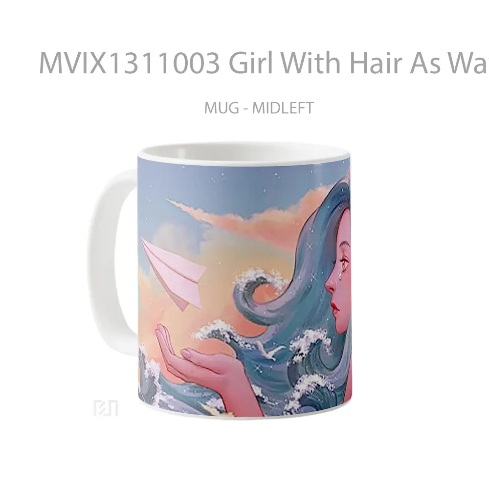 Mug Girl With Hair As Waves And Paper Plane Gelas Keramik Unik - All-side / Desain
