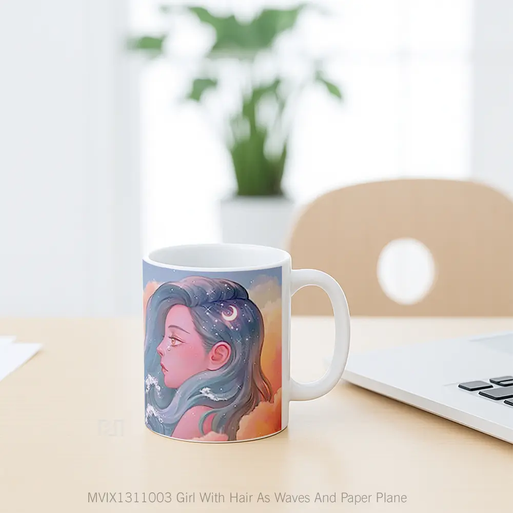 Mug Girl With Hair As Waves And Paper Plane Gelas Keramik Unik - All-side / Desain