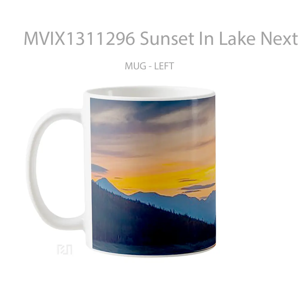 Mug Sunset In Lake Next To Mountains Digital Art Gelas Pemandangan Alam - All-side / Desain