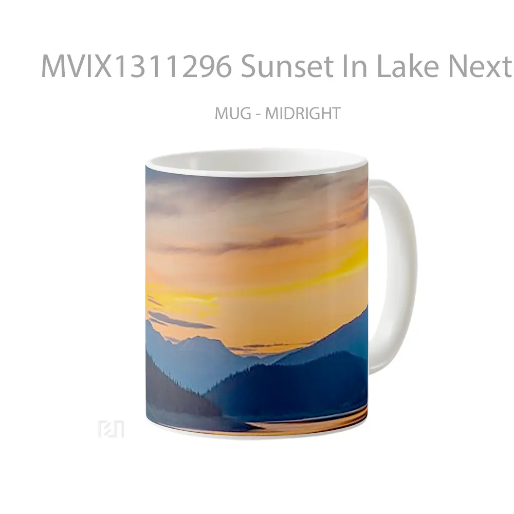 Mug Sunset In Lake Next To Mountains Digital Art Gelas Pemandangan Alam - All-side / Desain