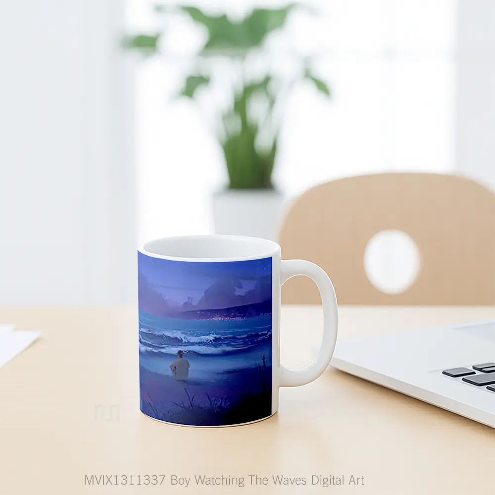 Mug Boy Watching The Waves Digital Art Gelas Seni Modern - All-side / Desain