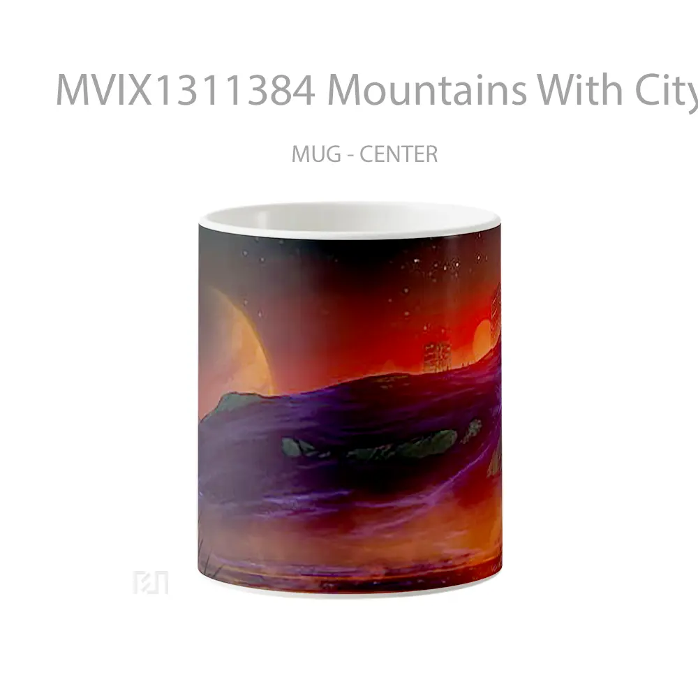 Mug Mountains With City And Planet In Background Gelas Pemandangan Alam